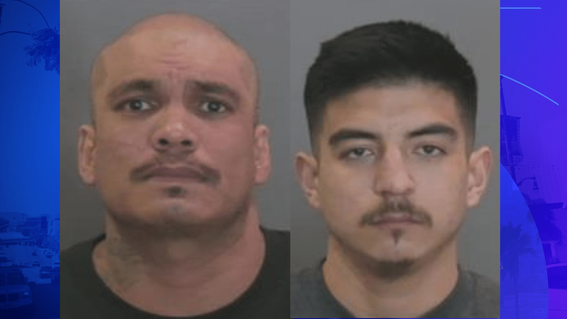 Suspects Adam Galaviz, 45, (left) and Juan Meza, 26, (right) in a photo from the Anaheim Police Department.