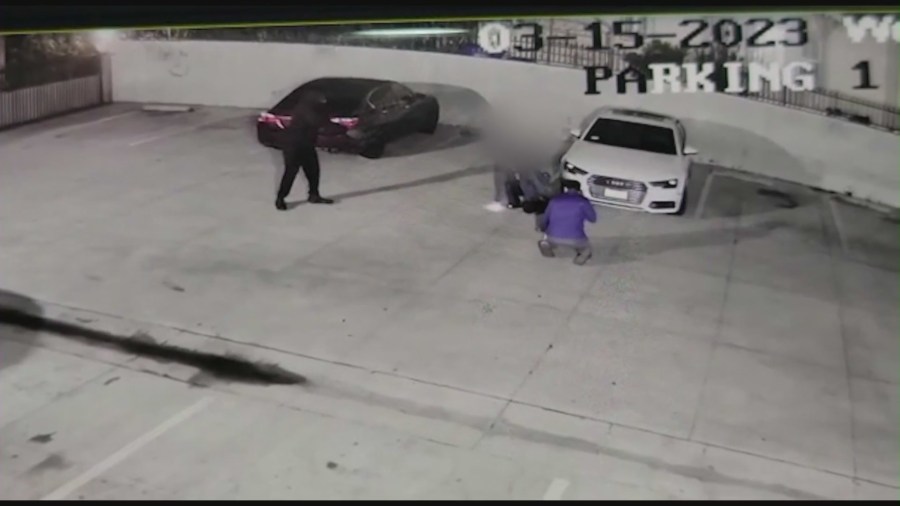 Surveillance video from Jaragua restaurant on Mar. 15, 2023, shows a couple being robbed at gunpoint in a parking lot outside the Koreatown eatery.