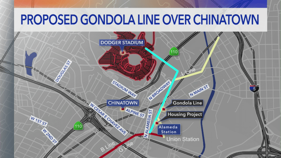 A KTLA map shows the proposed gondola line over Chinatown. 