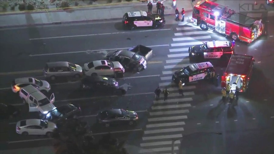 One person is dead and at least eight others were hospitalized after a multi-vehicle crash in Long Beach on Tuesday night. (KTLA)