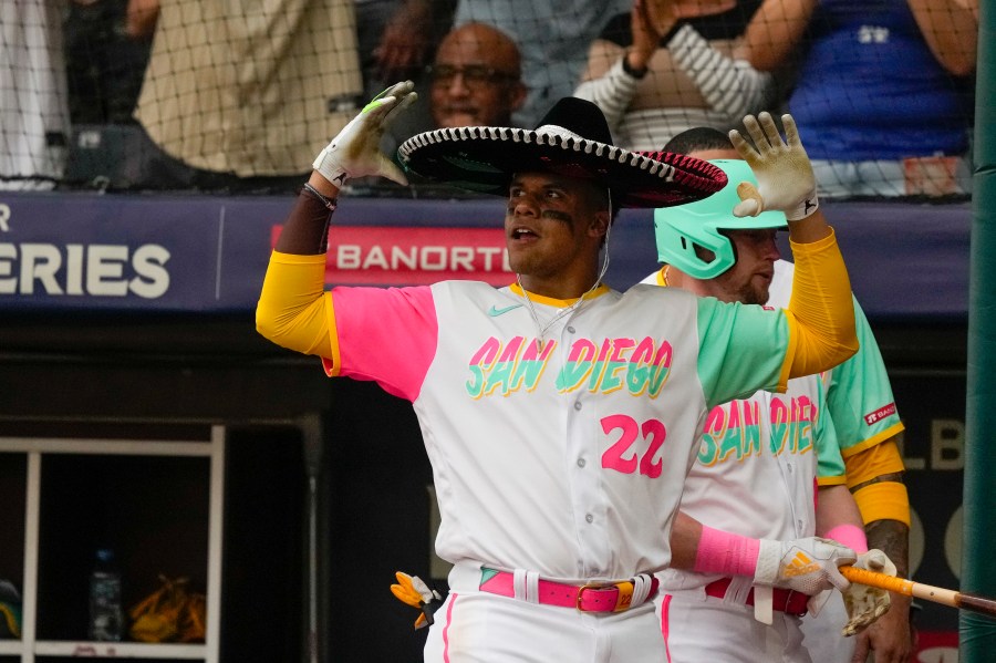 San Diego Padres Juan Soto dons a sombrero celebrating his solo home run against the San Francisco Giants in the 4th inning of an MLB baseball game at the Alfredo Harp Helu Stadium, in Mexico City, Saturday, April 29, 2023. (AP Photo/Fernando Llano)