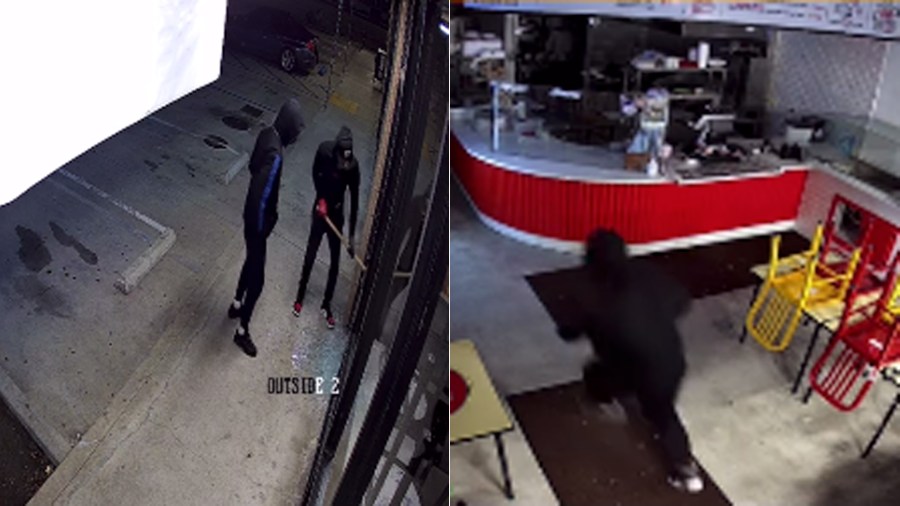 Videos from Tacos La Rueda shared with KTLA show break ins that occurred on March 23 and April 17 2023.