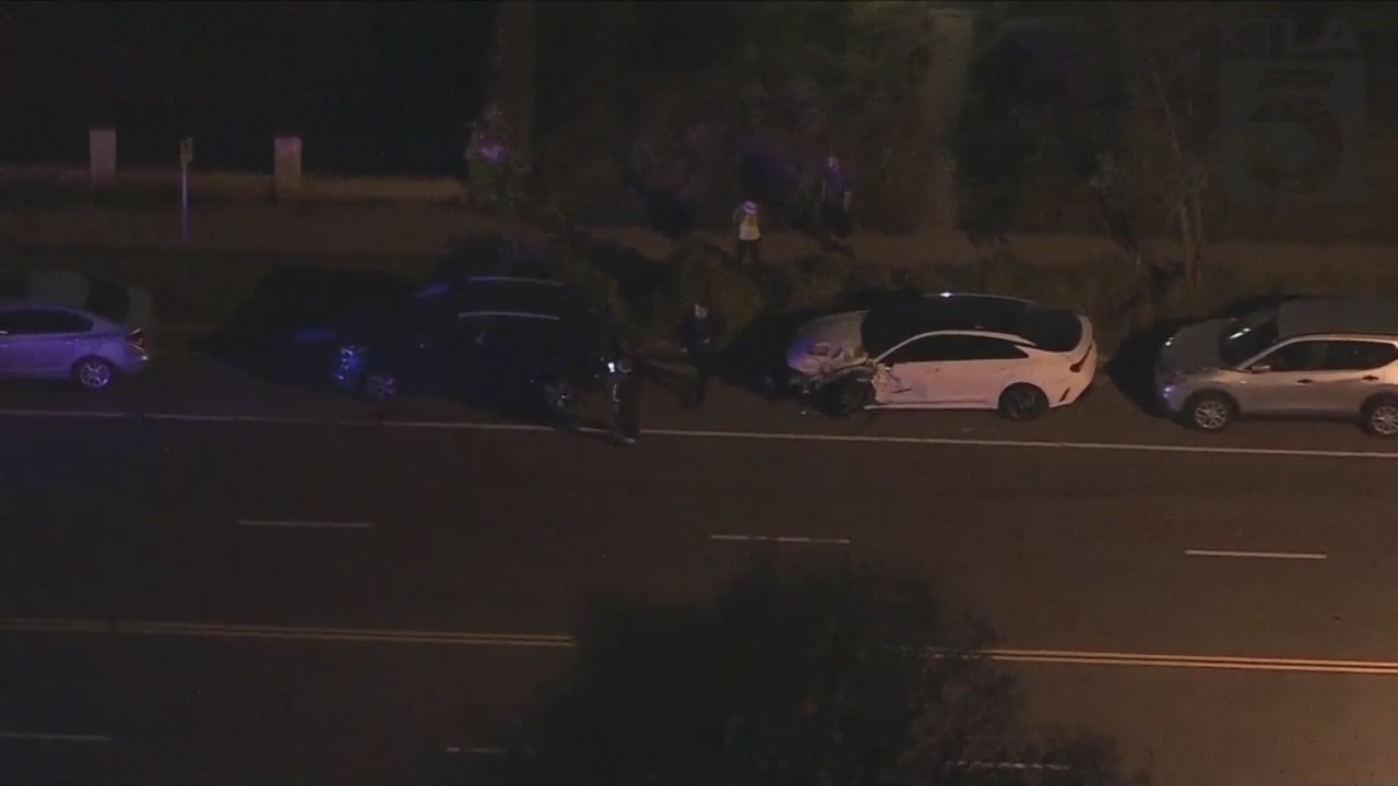 A multiple-vehicle crash involving a Lamborghini SUV left one person in critical condition in Valley Glen on April 14, 2023. (KTLA)