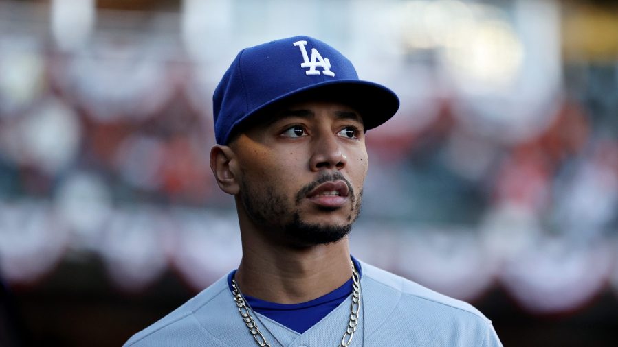 Mookie Betts #50 of the Los Angeles Dodgers walks through the dugout before Game 2 of the National League Division Series against the San Francisco Giants at Oracle Park on October 09, 2021 in San Francisco, California. (Getty Images)