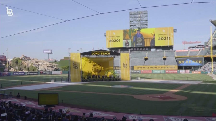 Cal State Long Beach's graduation ceremony held at Angel Stadium in 2023. (KTLA)