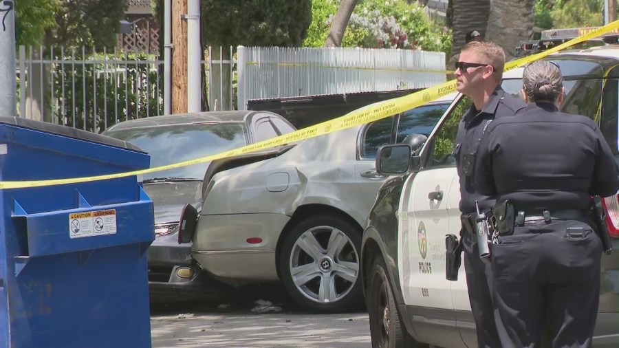 A Bentley driver was targeted and shot at by an armed robber in Sherman Oaks on May 10, 2023. (KTLA)