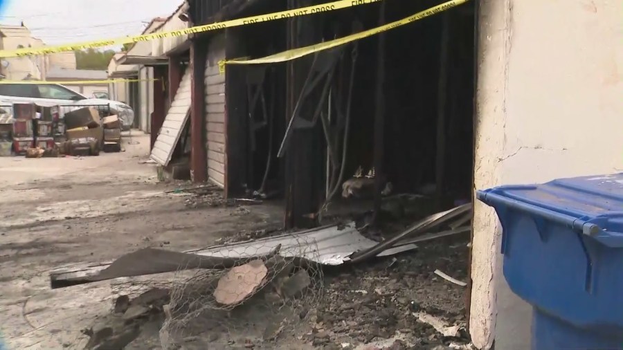 Multiple families were forced to evacuate their homes after an intense fire ripped through a parking garage and destroyed two vehicles in the Fairfax District of Los Angeles, California on June 10, 2023. (KTLA)