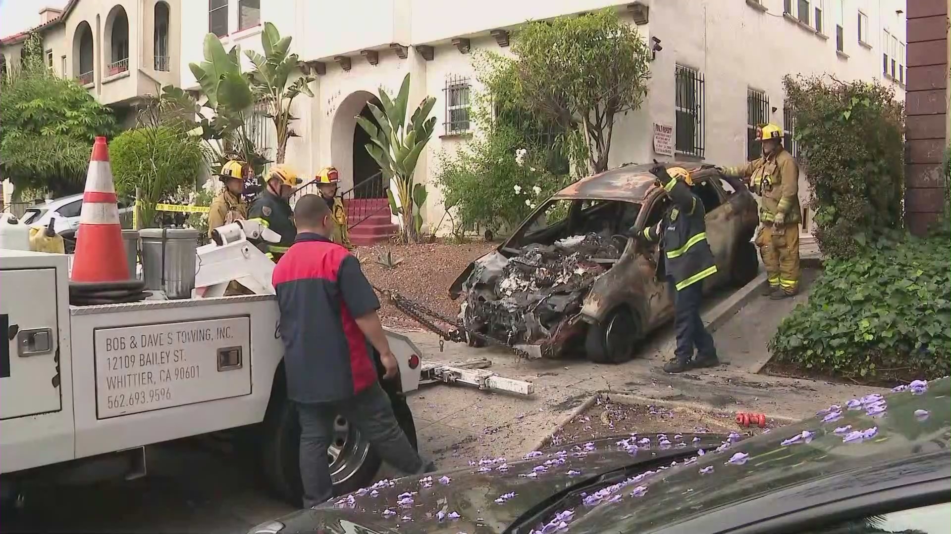 Multiple families were forced to evacuate their homes after an intense fire ripped through a parking garage and destroyed two vehicles in the Fairfax District of Los Angeles, California on June 10, 2023. (KTLA)