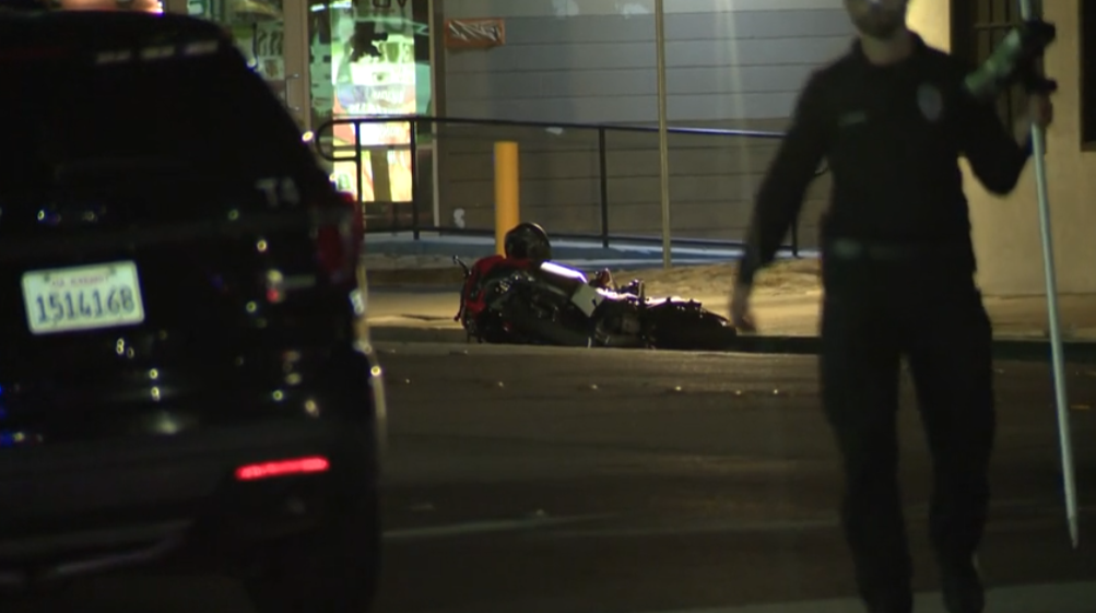 A motorcyclist died after hitting a sidewalk in Pomona on Aug. 22, 2023. (KTLA)