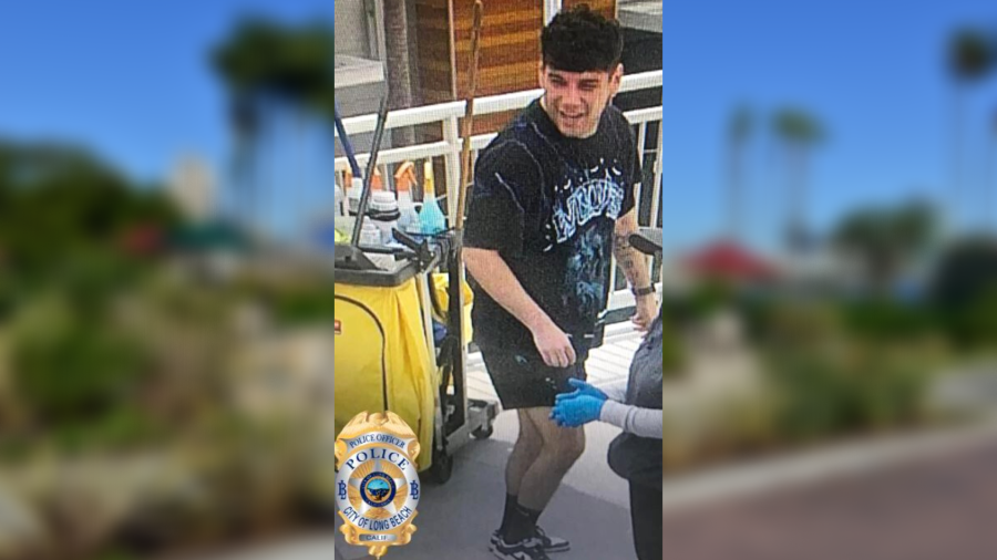 A man is wanted allegedly pointing a cell phone into a bathroom stall with a child inside at The Pike Outlets in Long Beach on Sept. 1, 2023. (Long Beach Police Department)
