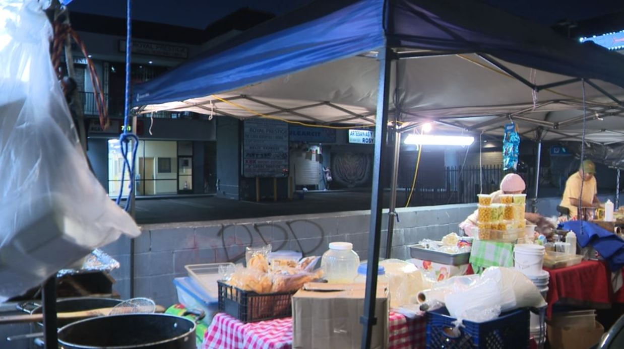 The El Salvador Corridor in L.A.'s Pico-Union neighborhood, famous for its bustling merchants and street food vendors. (KTLA)