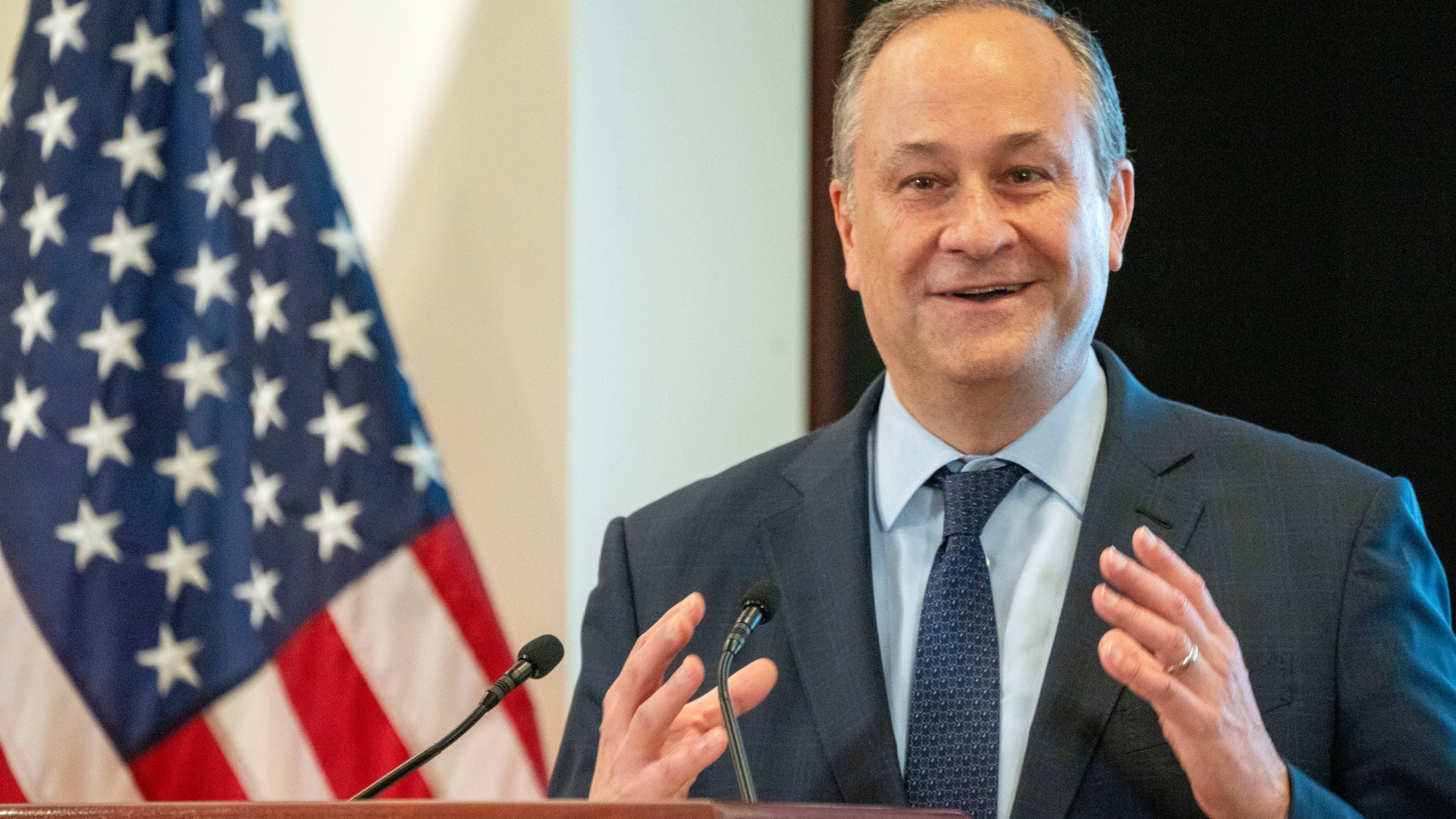 Second gentleman Doug Emhoff speaks at an event on ending hunger in America, Tuesday, Feb. 27, 2024, at the Eisenhower Executive Office Building on the White House complex in Washington. (AP Photo/Jacquelyn Martin)