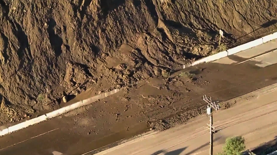 A section of PCH in Malibu is seen on FEb. 21, 2024, following a mudslide. (KTLA)