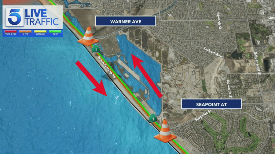 Flooding closed a portion of PCH in Huntington Beach on Feb. 1, 2024.