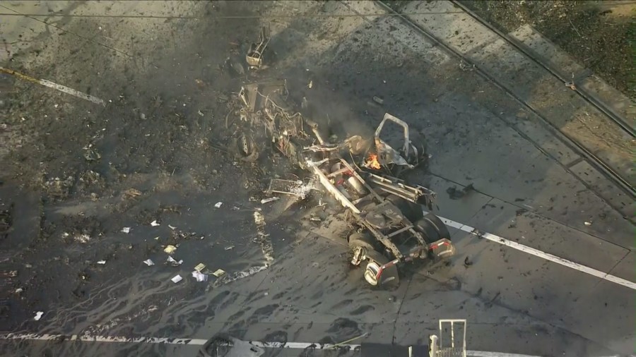The scene in Wilmington where a CNG-powered truck exploded Thursday morning, injuring 7 firefighters. Feb. 15, 2024. (KTLA)
