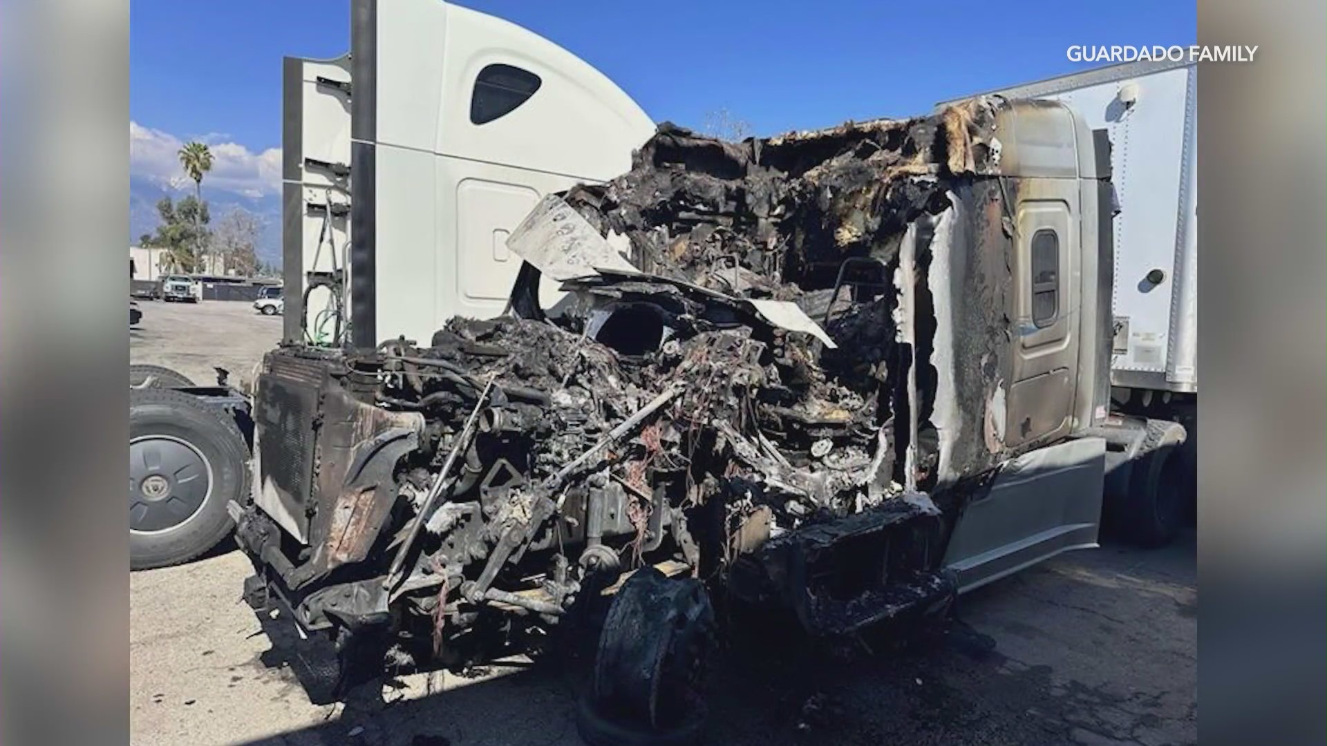 The charred remains of a stolen big rig that burst into flames during a pursuit on Feb. 21, 2024. (Guardado Family)