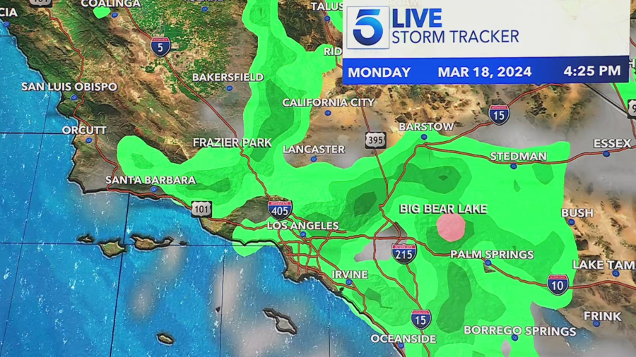 KTLA's Storm Tracker predicts moisture over the region around 4:30 p.m. on Monday, March 18, 2024.