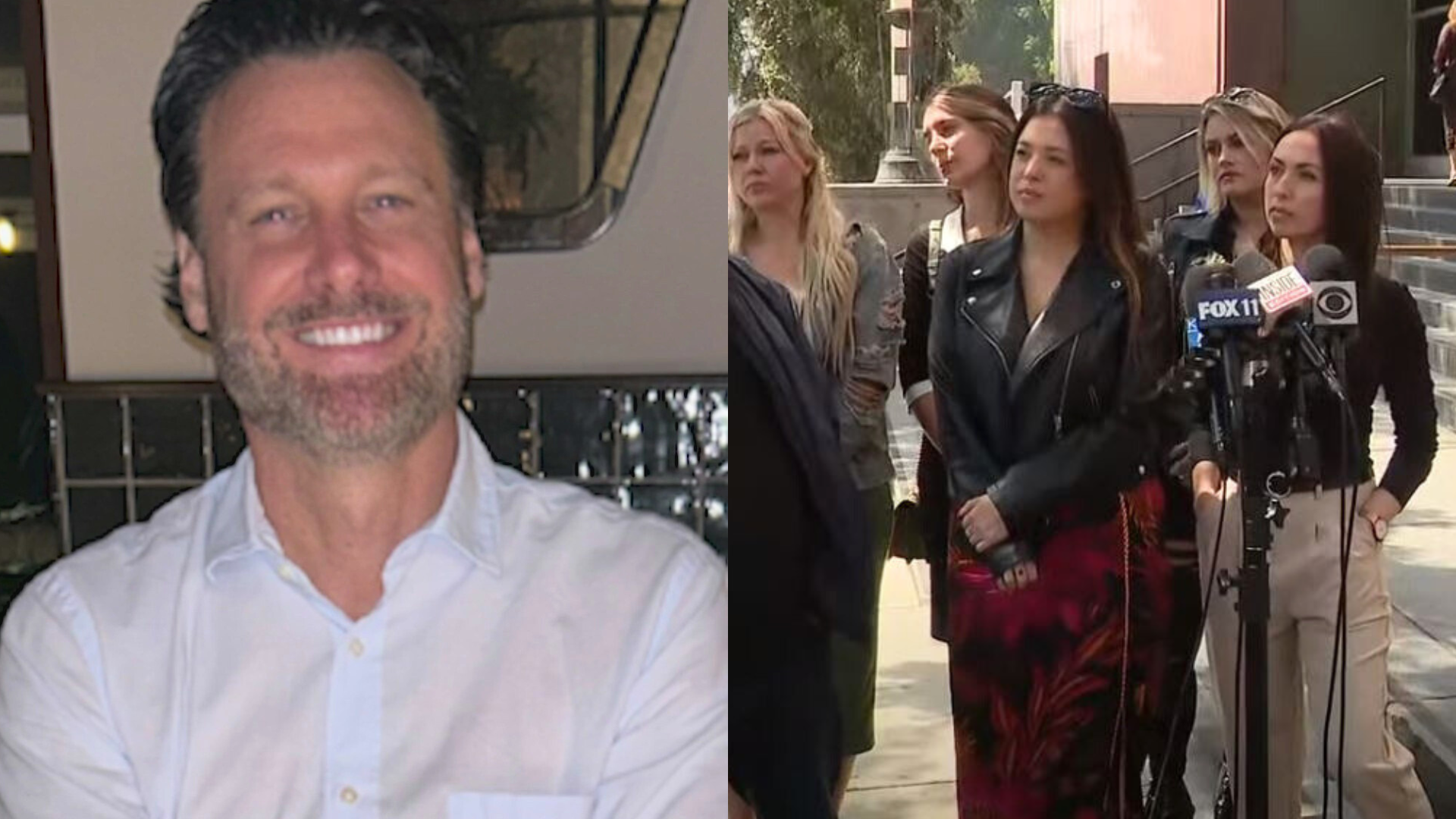 From left: Stewart Lucas Murrey seen in a personal photo; A group of defendants hold a press conference on March 20, 2024 addressing a lawsuit involving comments made on a Facebook group called "Are We Dating The Same Guy?" (KTLA)