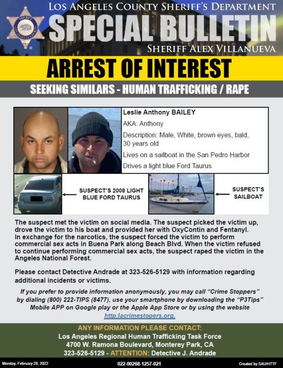 A Los Angeles County Sheriff's Department bulletin from March 2022 shows Leslie Bailey, who is accused of sex trafficking and raping a woman.