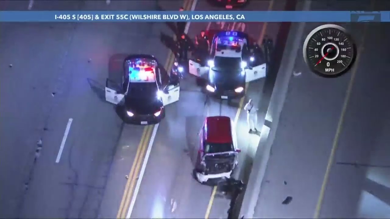 A driver in a stolen car was arrested after crashing during a high-speed pursuit through Los Angeles County on March 14, 2024. (KTLA)