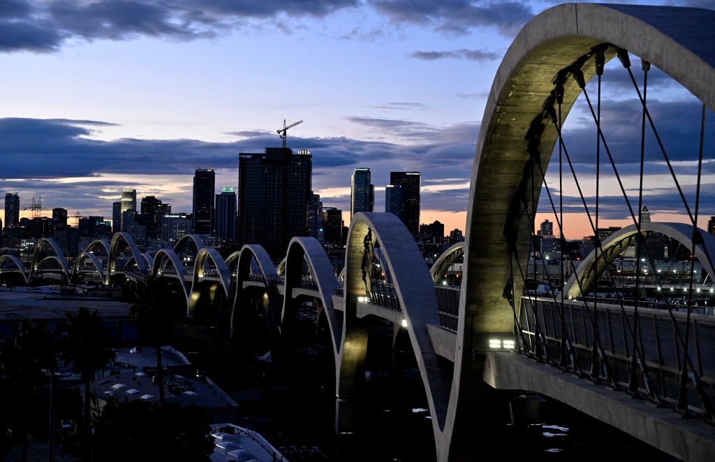 Lights are shown out on several 6th Street Bridge arches in Los Angeles after thieves stole copper wiring on December 22, 2023. (Getty Images)