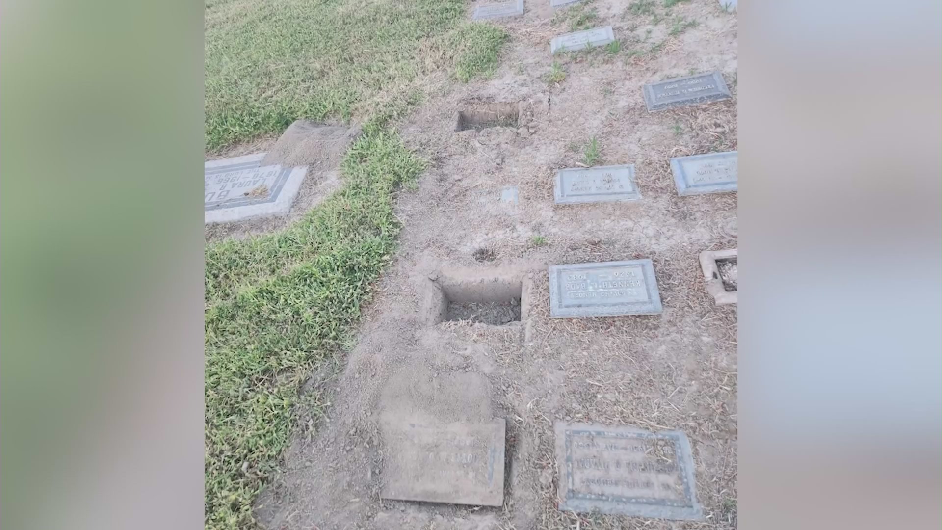 Gravesites were destroyed by vandals at Pioneer Memorial Cemetery in San Bernardino. (Medrano Family)