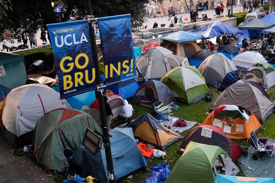 FILE - Tents are placed on an encampment on the UCLA campus after clashes between pro-Israel and pro-Palestinian groups, Wednesday, May 1, 2024, in Los Angeles. Police, late Monday, June 10, 2024, thwarted attempts by pro-Palestinian demonstrators to set up a new encampment at the University of California, Los Angeles, where officers cleared a previous camp this spring after it was attacked by counterprotesters. Approximately 25 people were arrested late Monday for willful disruption of university operations and one for interfering with an officer, UCLA police said in a statement. (AP Photo/Jae C. Hong, File)