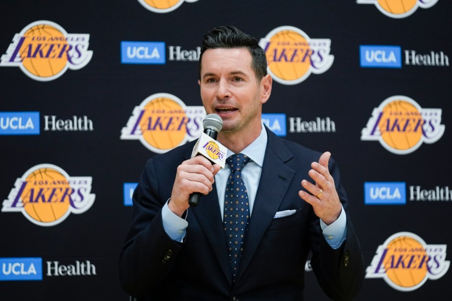 JJ Redick speaks after being introduced as the new head coach of the Los Angeles Lakers NBA basketball team Monday, June 24, 2024, in El Segundo, Calif. (AP Photo/Damian Dovarganes)