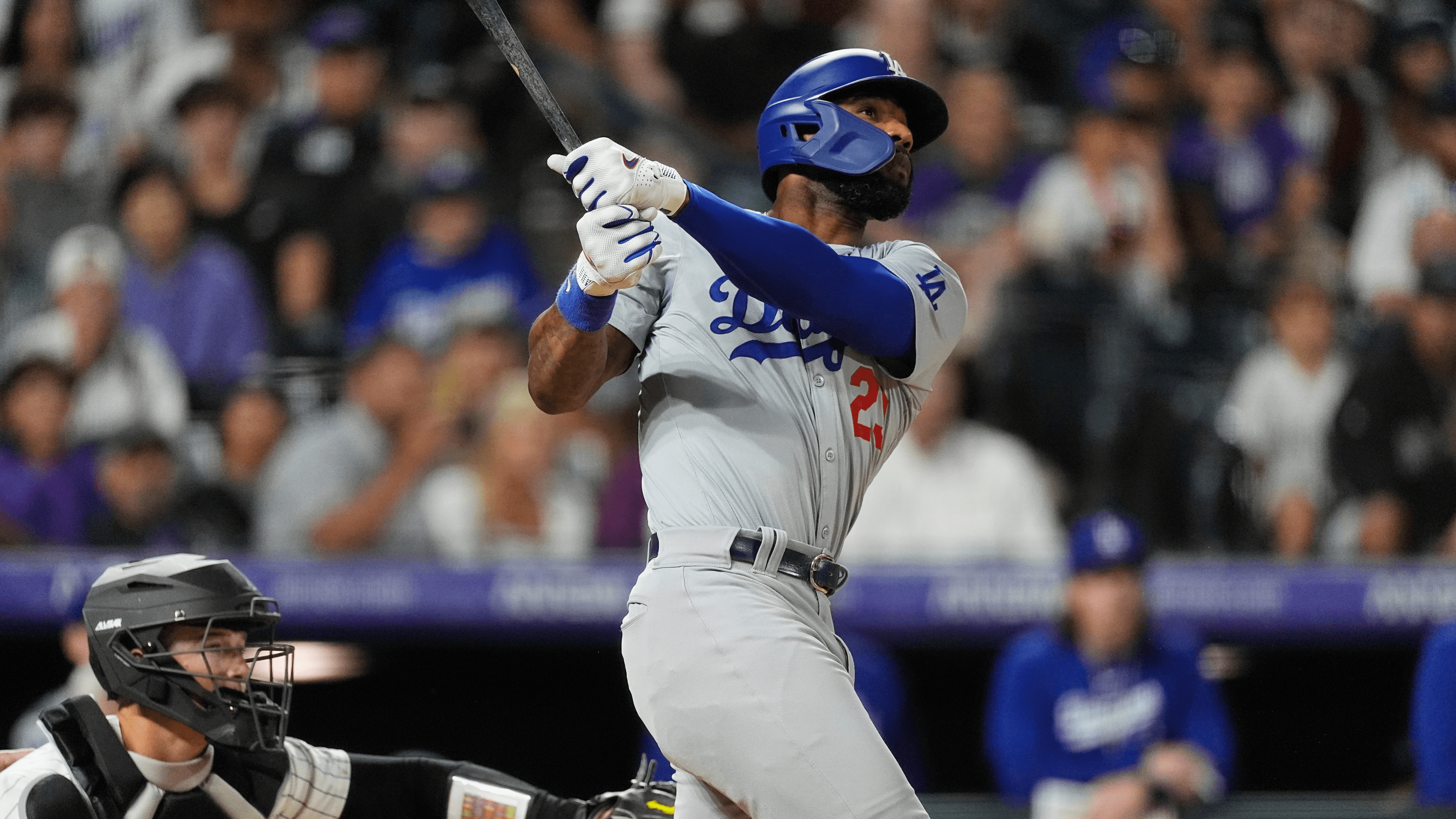 Los Angeles Dodgers pinch-hitter Jason Heyward watches his grand slam