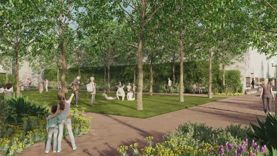 A rendering of the new "Greenleaf Promenade" which will feature smaller trees and improved pedstrian features and greenspace. (City of Whittier)