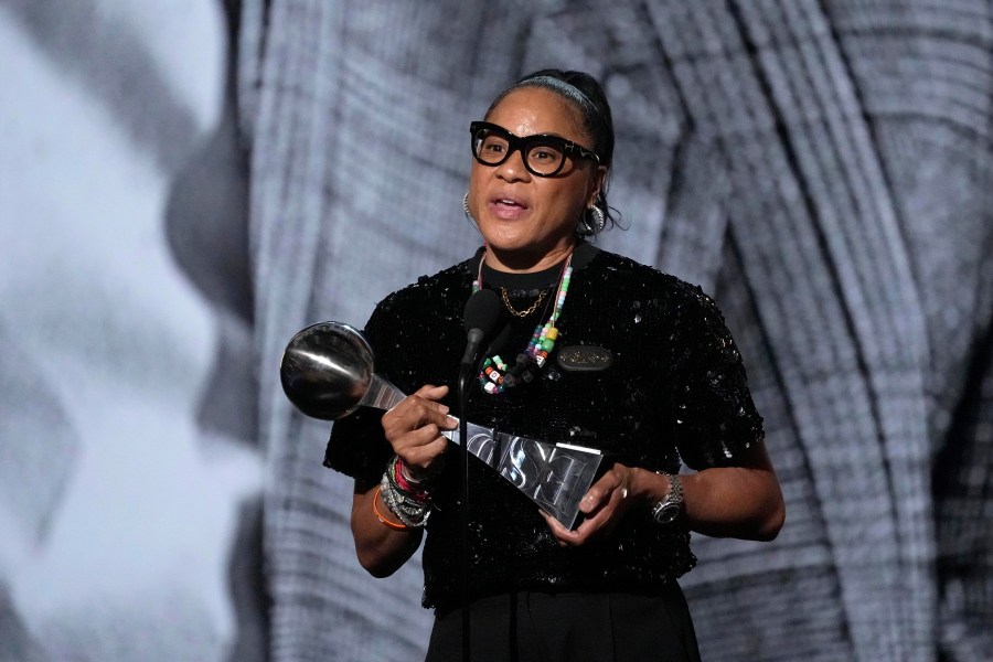 South Carolina head coach Dawn Staley speaks after receiving the Jimmy V Award for Perseverance during the ESPY awards on Thursday, July 11, 2024, at the Dolby Theatre in Los Angeles. (AP Photo/Mark J. Terrill)