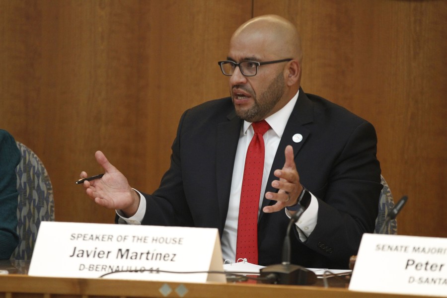 New Mexico House Speaker Rep. Javier Martínez of Albuquerque speaks at a news conference, Monday, July 15, 2024, in Santa Fe, N.M., to express concerns about proposals by the governor to address high rates of crime. Gov. Michelle Lujan Grisham is calling for a special legislative session and urging lawmakers to consider longer minimum sentences for gun-toting felons, restrictions on panhandling and an expansion of involuntary detention and treatment for mental health problems and addiction. (AP Photo/Morgan Lee)