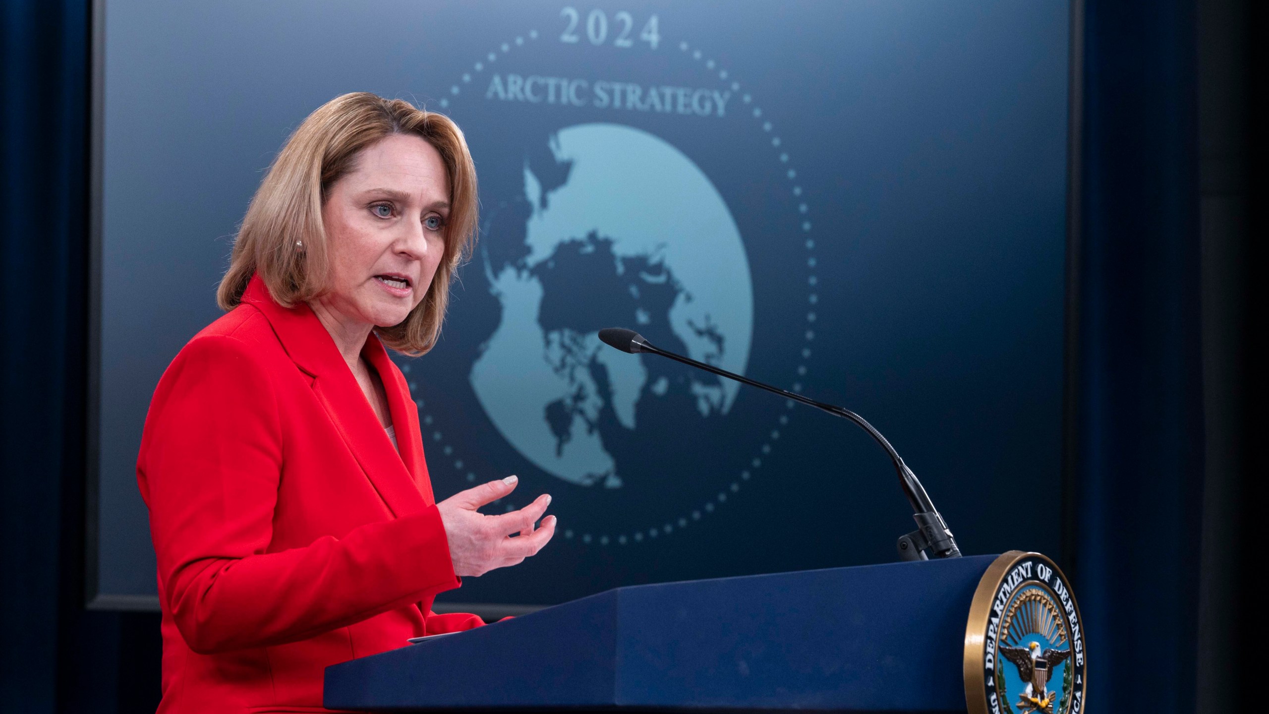 Deputy Secretary of Defense Kathleen Hicks announces the Pentagon's new Arctic Strategy during a press briefing at the Pentagon on Monday, July 22, 2024 in Washington. (AP Photo/Kevin Wolf)