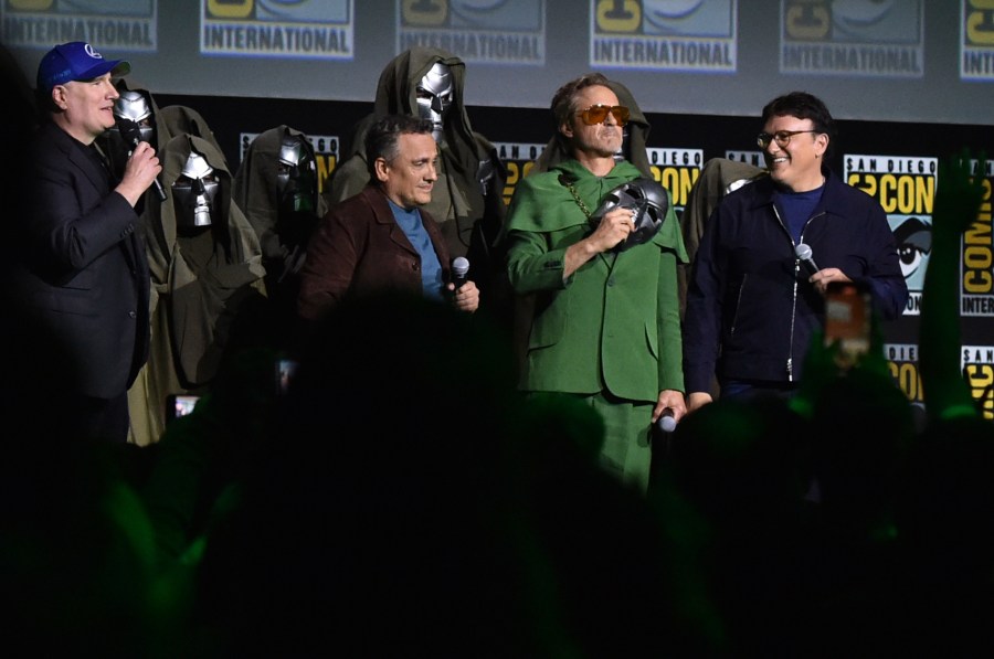 Kevin Feige, from left, Joe Russo, Robert Downey Jr., and Anthony Russo attend a panel for Marvel Studios during Comic-Con International on Saturday, July 27, 2024, in San Diego. (Photo by Richard Shotwell/Invision/AP)
