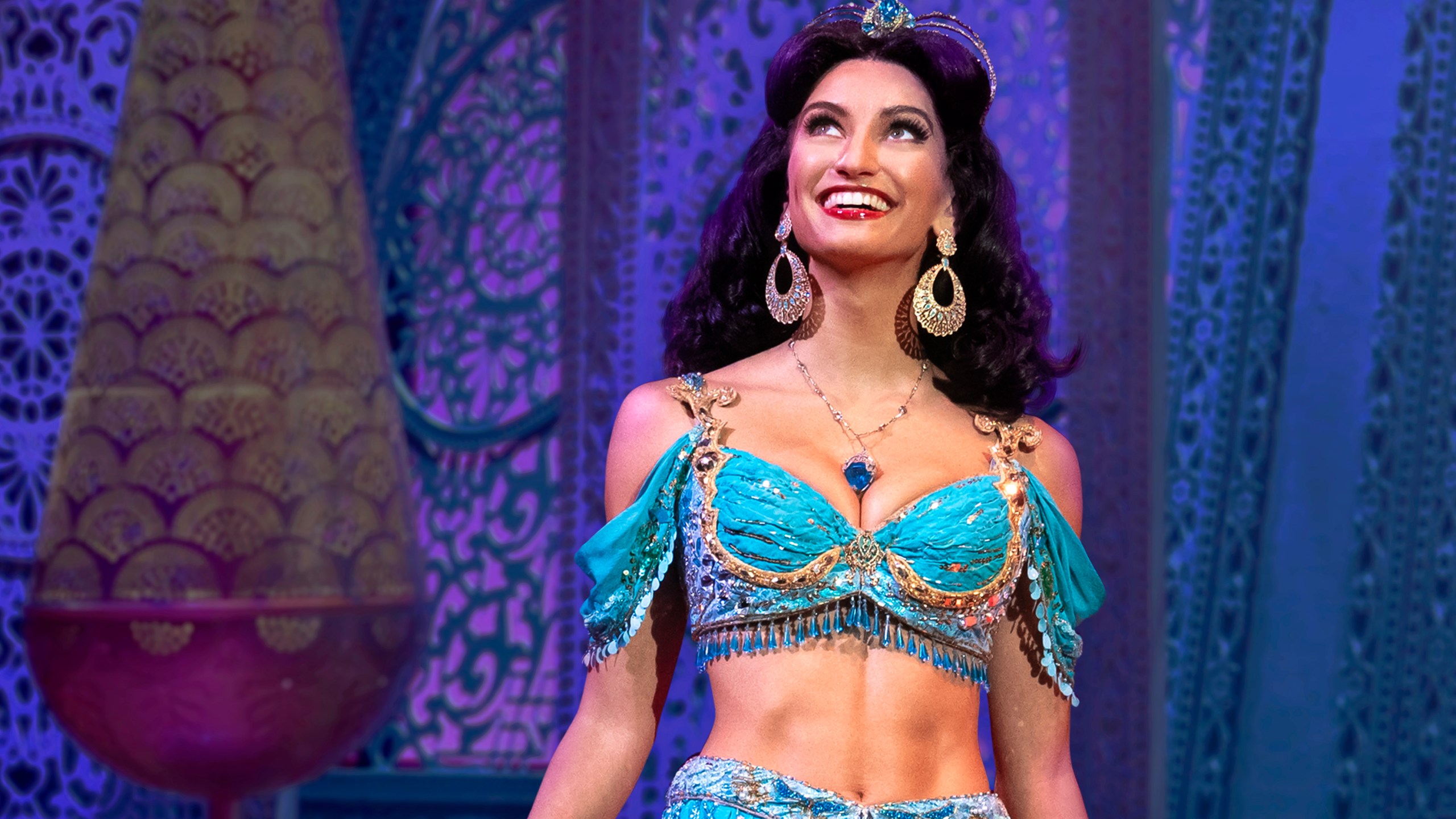 This image released by Disney Theatricals shows Sonya Balsara as Princess Jasmine during a performance of the musical "Aladdin." (Evan Zimmerman/Disney Theatricals via AP)