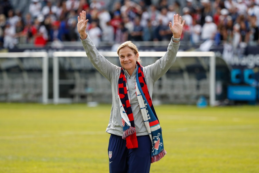 FILE - United States head coach Jill Ellis waves to the crowd as she leaves the field after an international friendly soccer match between the United States and South Korea, Sunday, Oct. 6, 2019, in Chicago. The San Diego Wave called accusations made by a former employee on social media “inaccurate and defamatory” in a statement on Wednesday, July 3, 2024. Brittany Alvarado, who says she is a former video and creative manger for the team, called on the National Women's Soccer League to remove to team President Jill Ellis, the former coach of the U.S. women's national team. (AP Photo/Kamil Krzaczynski, File)