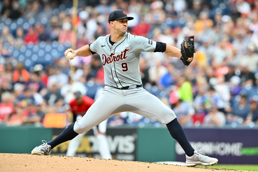 Jack Flaherty of the Detroit Tigers pitches during the first inning against the Cleveland Guardians at Progressive Field on July 24, 2024 in Cleveland, Ohio. Flaherty was traded to the Los Angeles Dodgers a week later. (Getty Images)