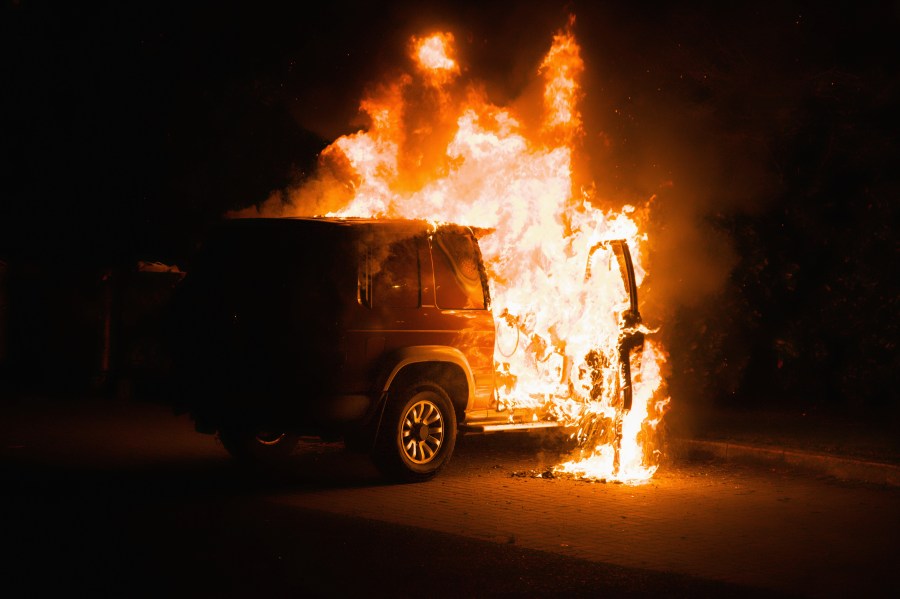 A vehicle on fire