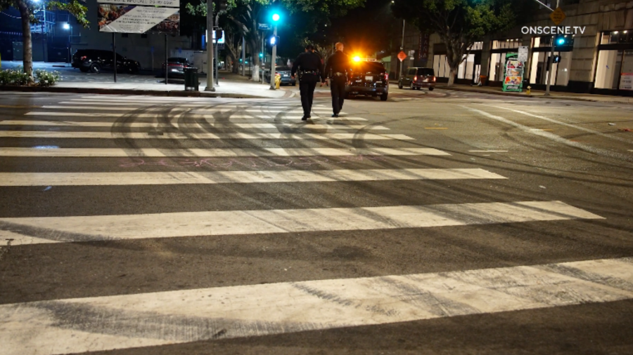Skid marks are seen following a street takeover in Downtown Los Angeles