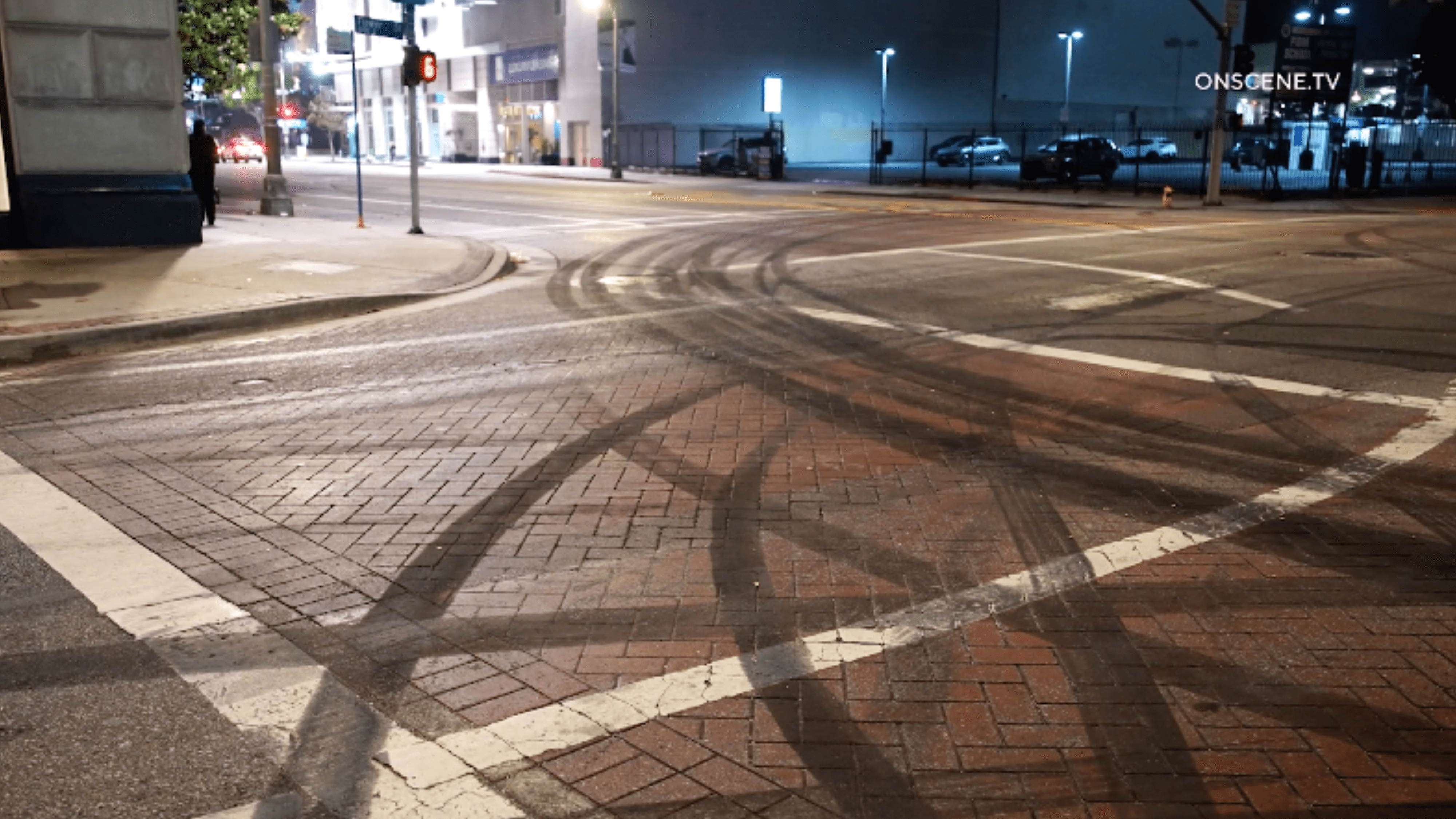 Skid marks are seen following a street takeover in Downtown Los Angeles