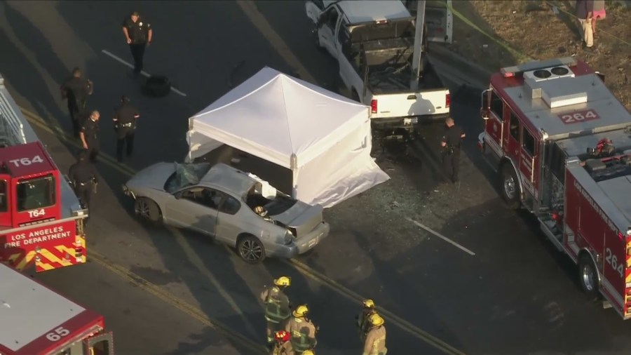 A three-car collision killed a 12-year-old girl and left nine other people hospitalized in South Los Angeles on July 5, 2024. (KTLA)
