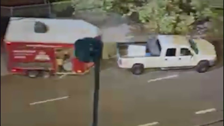 Suspect leading police on a chase driving a stolen pickup truck with a coffee trailer containing Derek Strano inside on July 16, 2024. (KTLA)