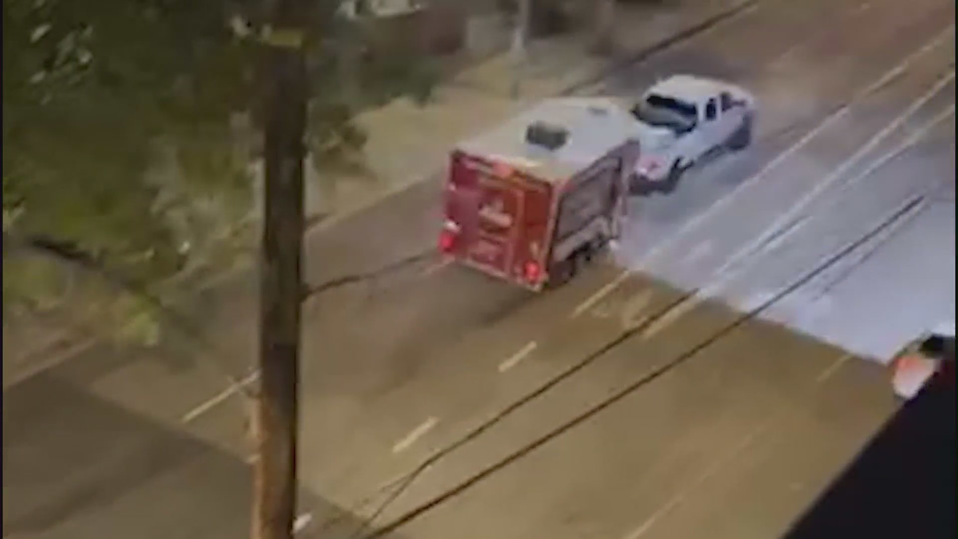 Suspect leading police on a chase driving a stolen pickup truck with a coffee trailer containing Derek Strano inside on July 16, 2024. (KTLA)
