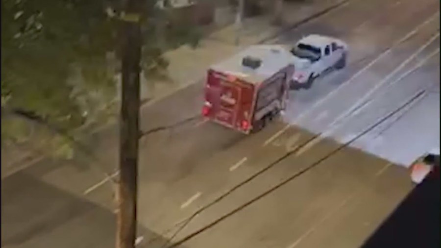 Suspect leading police on a chase driving a stolen pickup truck with a coffee trailer containing Derek Strano inside on July 16, 2024. (KTLA)