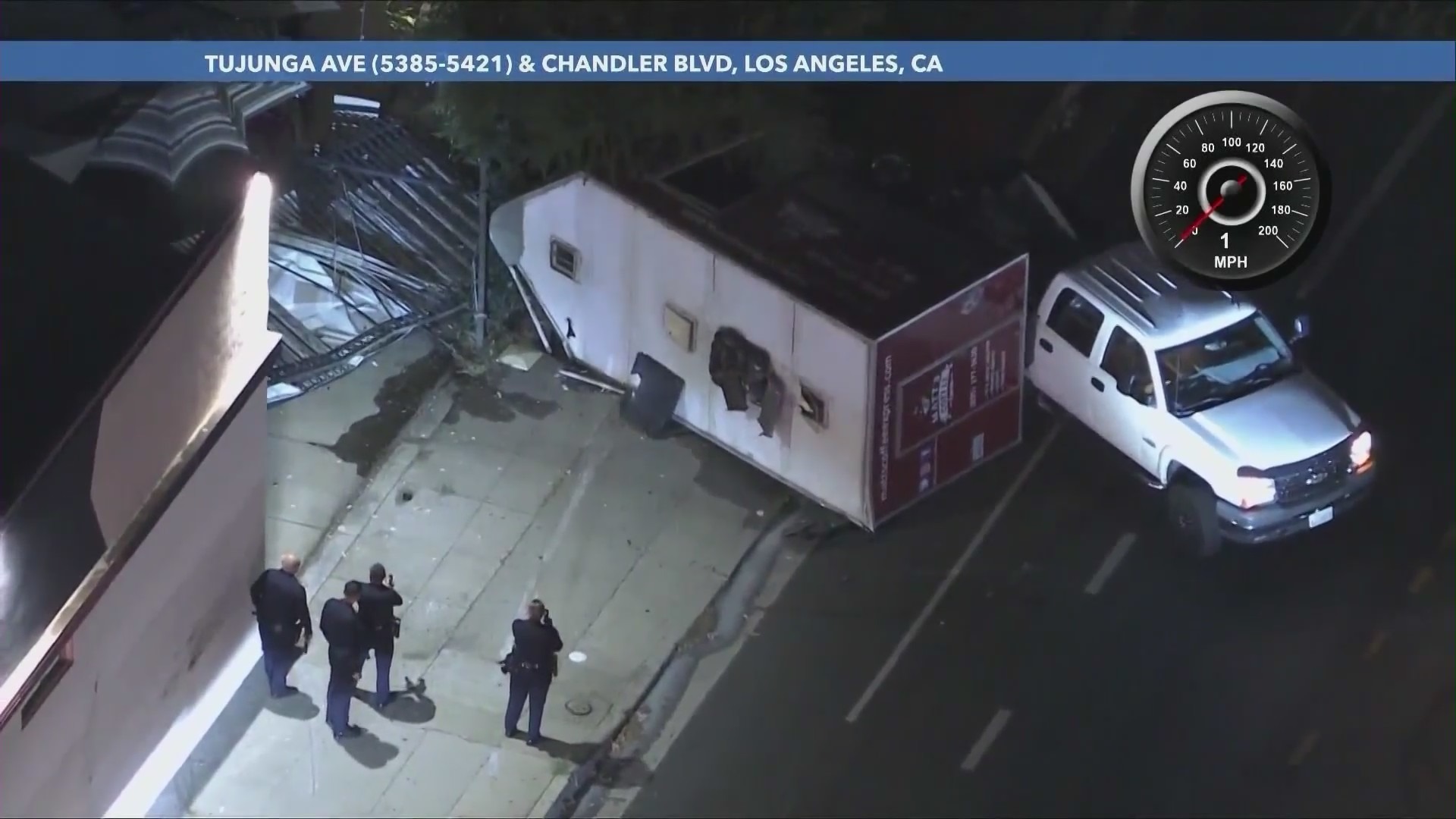 The suspect crashed the pickup truck in North Hollywood, overturning the coffee trailer on July 16, 2024. (KTLA)