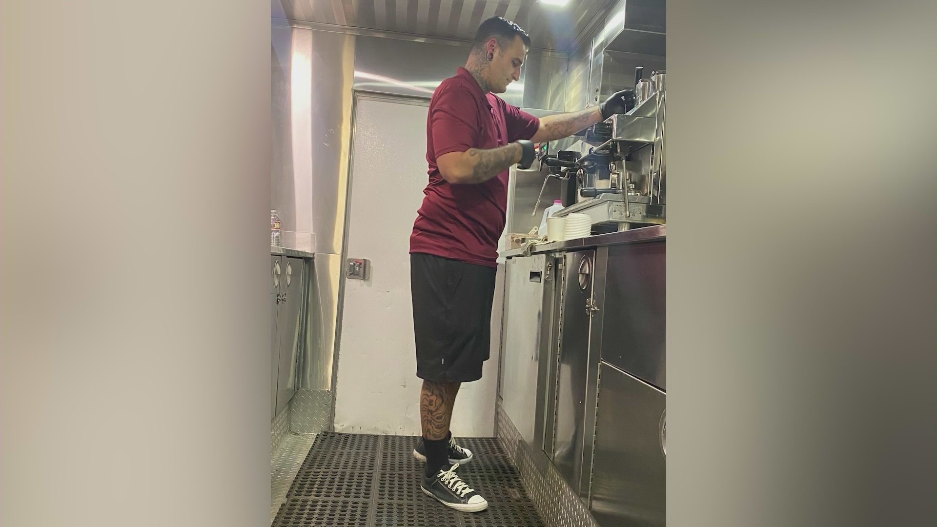 Derek Strano making coffee inside a trailer owned by Matt’s Coffee Express. (Derek Strano)