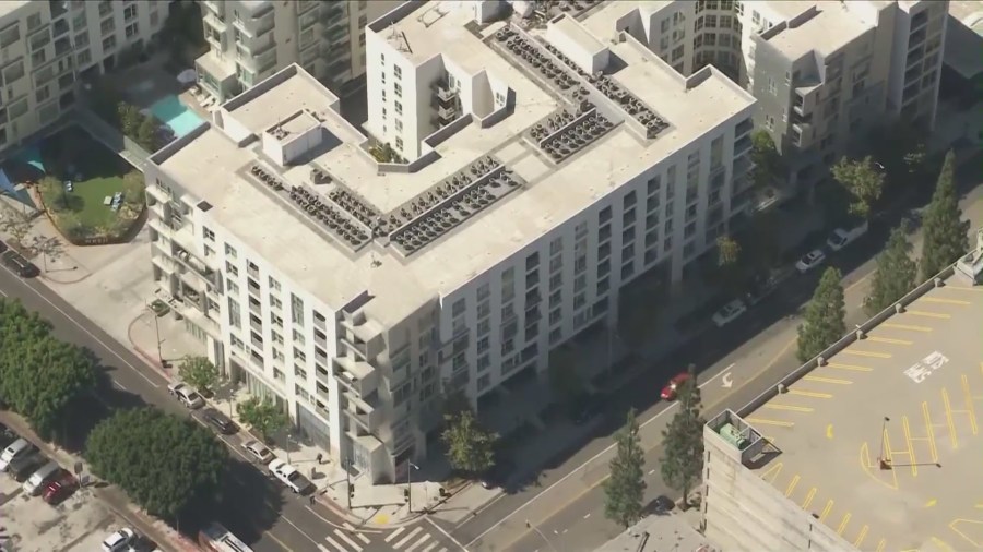 The WREN Apartments complex located on the 1200 block of South Olive Street in downtown Los Angeles. (KTLA)