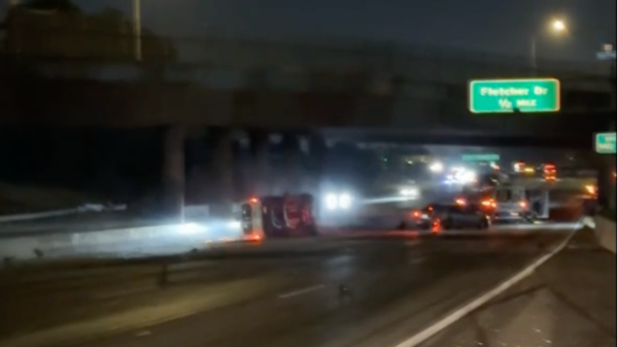Car overturns on 5 Freeway in Silverlake
