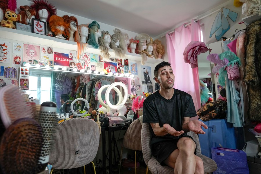 Hugo Bardin who performs as the drag queen Paloma speaks, during an interview with The Associated Press in Paris, France, Wednesday, July 31, 2024. (AP Photo/Michel Euler)