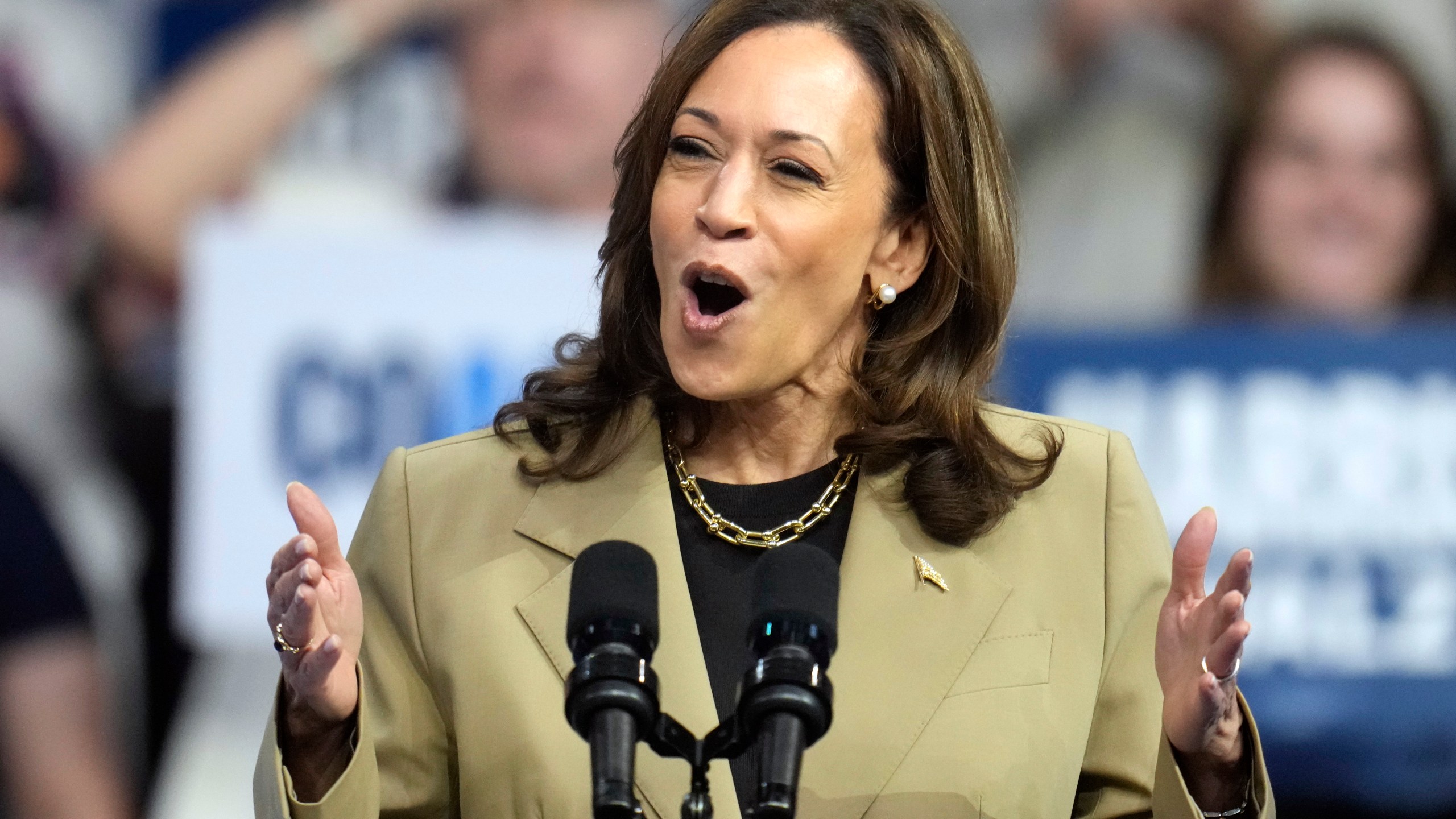 Democratic presidential nominee Vice President Kamala Harris speaks at a campaign rally at Desert Diamond Arena, Friday, Aug. 9, 2024, in Glendale, Ariz. (AP Photo/Ross D. Franklin)